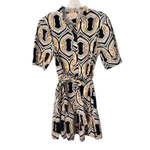 SOFIA Black Gold Geometric Mod Chic Shirt Dress Belted Short Sleeve Size XS